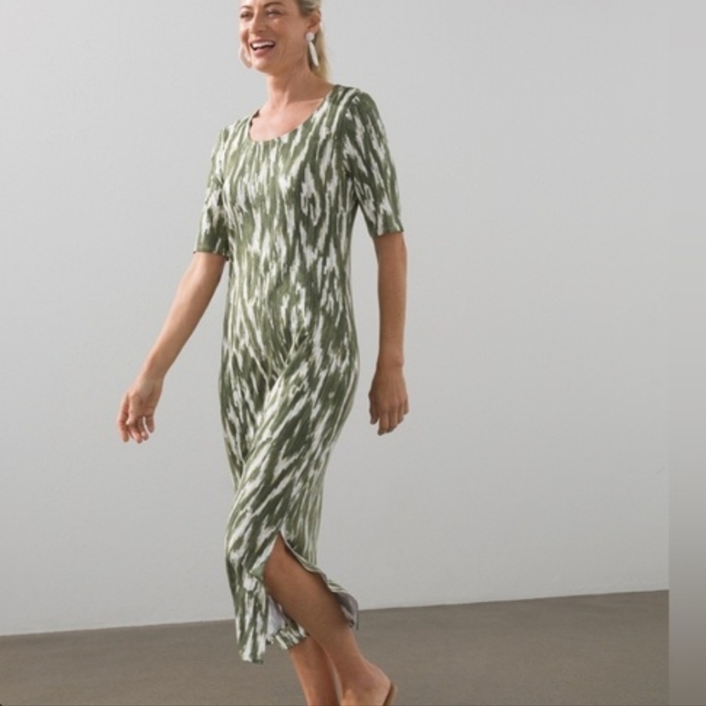 Chico's Side Slit Slinky Jersey Knit Green Patterned T Shirt Midi Dress Sz 20/22